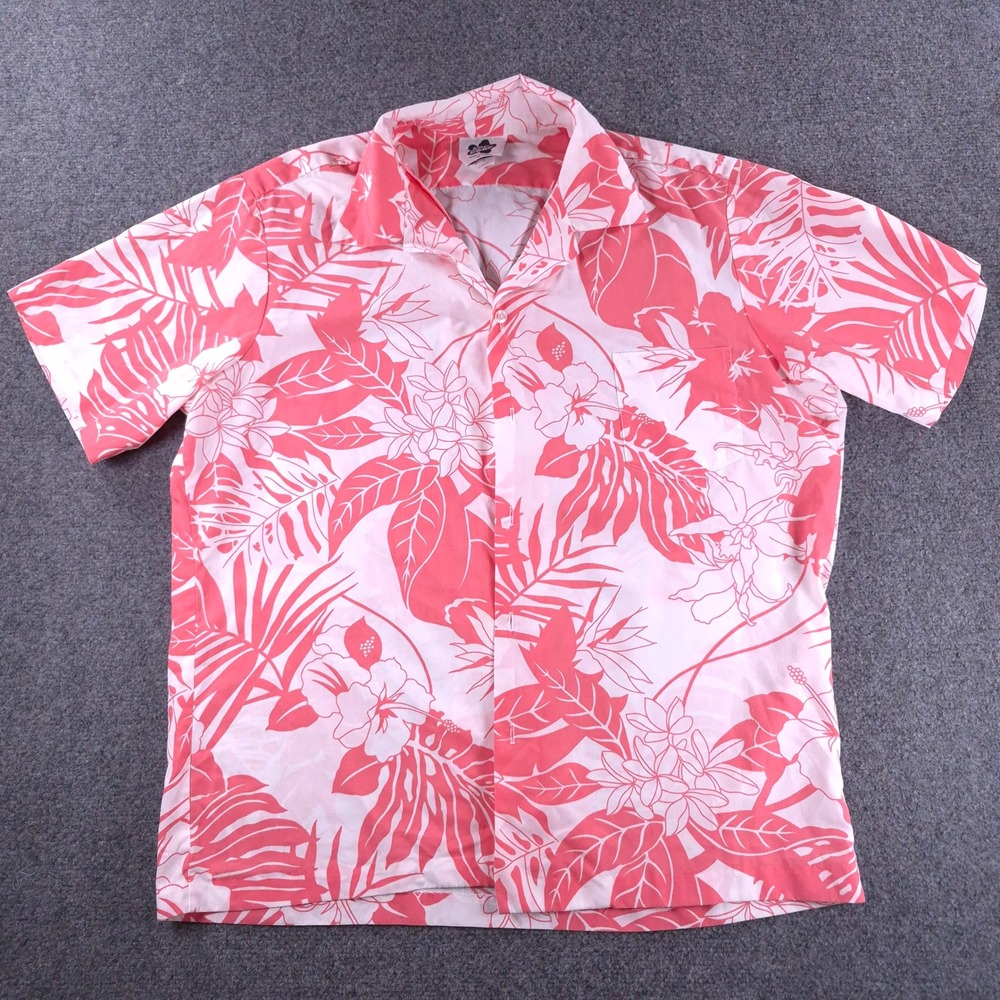 Hilo Hattie Mens XL Pink White Floral Hawaiian Shirt Made in Hawaii Vintage